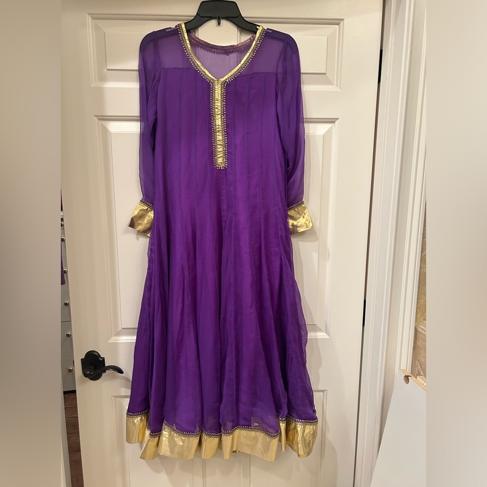 Purple anarkali with churidaar and dupatta